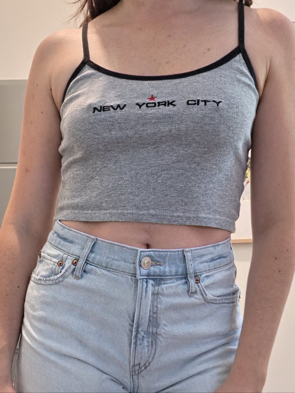 John Galt New York City Graphic Crop Cami Tank Top Grey Black Y2K Baby Tee